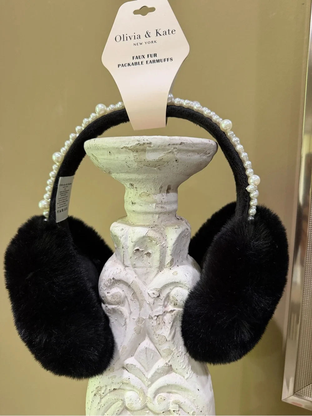 kate spade Olivia & Kate Black Faux-Fur Pearl-Trim Headband Packable Ear Muffs